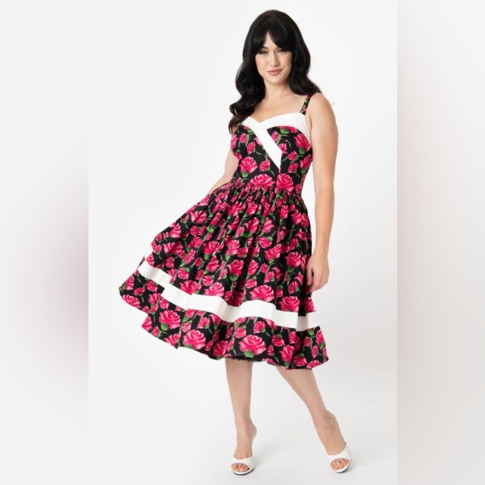 Unique Vintage Black Pink Floral Contrast-Trim Darienne A-Line Dress Size S/4